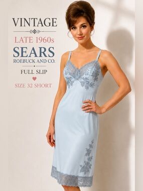 Vintage 1960s Sears Pale Aqua Blue Nylon Full Slip Petite 32 Gray Lace